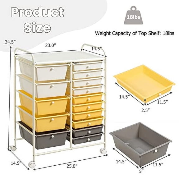 ARLIME 15-Drawer Storage Cart, 15 Drawer Trolley, Rolling Organizer Cart, Scrapbook Paper Organizer, Suitable for Office and School, Rolling Office Storage Tools (Yellow&White&Grey