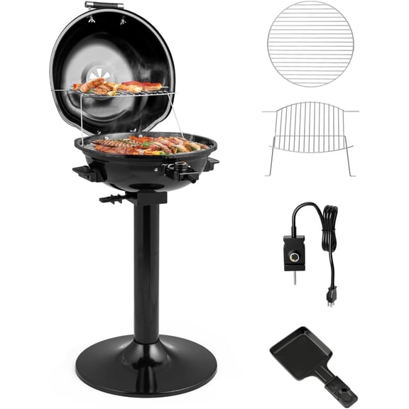 ARLIME Outdoor Electric Grill 1600W, Stand BBQ Grill w/Warming Rack for 15-Serving, Adjustable Temperature, Removable Greqase Tray, Portable Barbecue Grill for Camping Party Balcony Garden (Black)