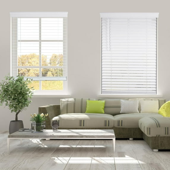 ARLO BLINDS Faux Wood Blind with Crown Valance - 46 1/2"W x 60"H, White, Cordless 2” Slat Horizontal Blind - for Kitchen, Bedroom, Living Room, Doors
