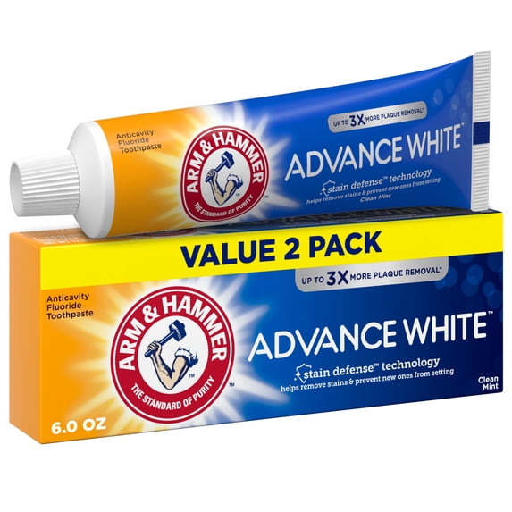 ARM & HAMMER Advance White Anticavity Whitening Toothpaste with Fluoride, Clean Mint, 6 oz, 2 Pack