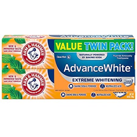 ARM & HAMMER Advanced White Extreme Whitening Toothpaste, TWIN PACK (Contains Two 6oz Tubes) -Clean Mint- Fluoride Toothpaste