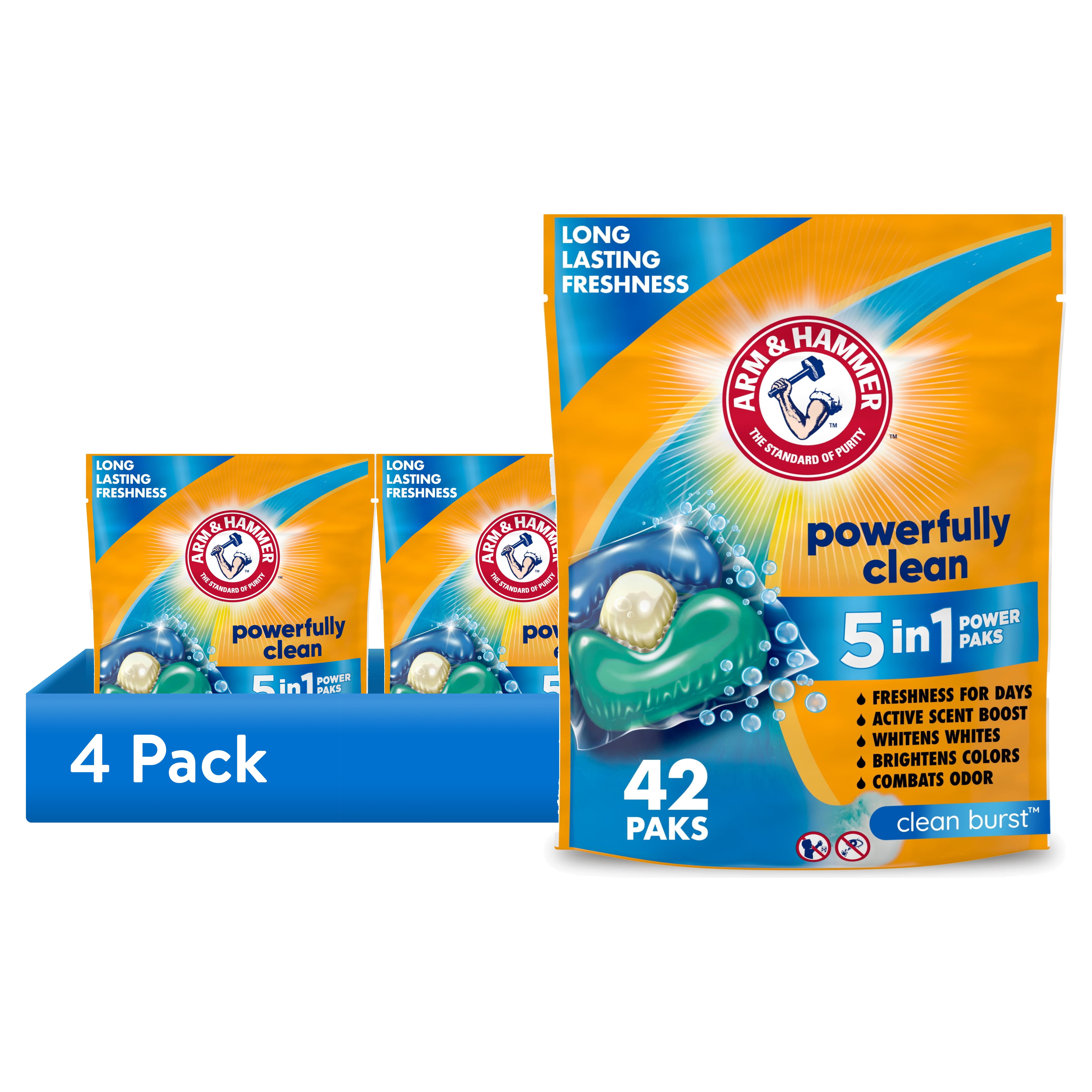 (4 pack) ARM & HAMMER Clean Burst 5-in-1 Laundry Detergent Power Paks, Powerfully Clean, Clean Burst Scent, 42 Count