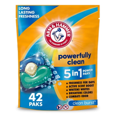 ARM & HAMMER Clean Burst 5-in-1 Laundry Detergent Power Paks, Powerfully Clean, Clean Burst Scent, 42 Count