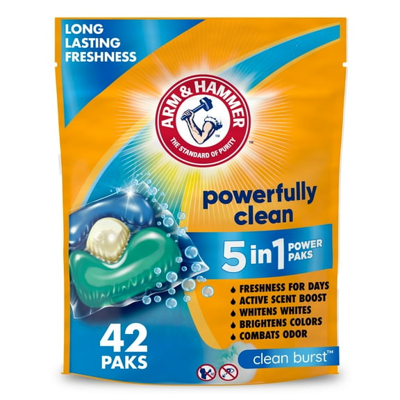 ARM & HAMMER Clean Burst 5-in-1 Laundry Detergent Power Paks, Powerfully Clean, Clean Burst Scent, 42 Count