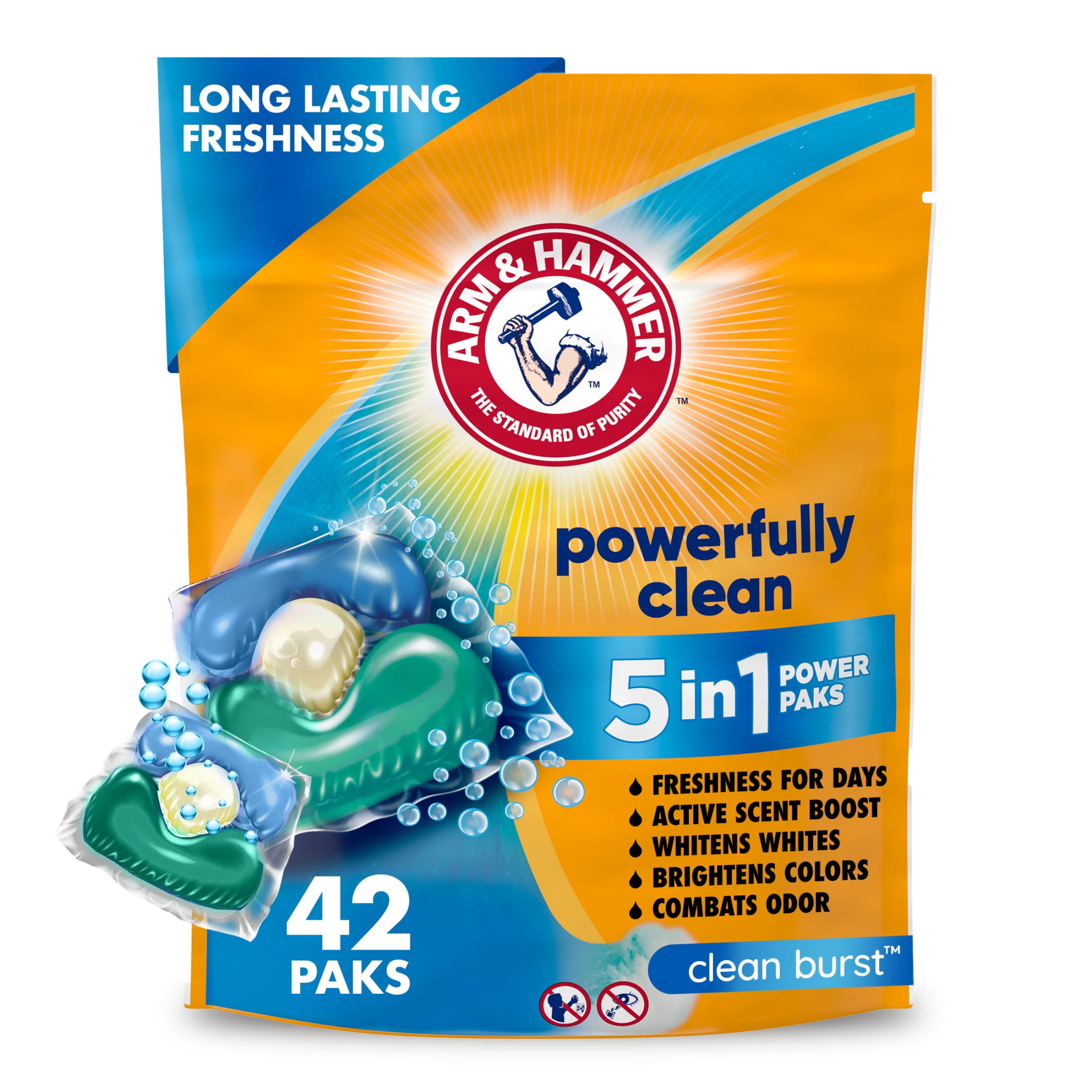 ARM & HAMMER Clean Burst 5-in-1 Laundry Detergent Power Paks, Powerfully Clean, Clean Burst Scent, 42 Count