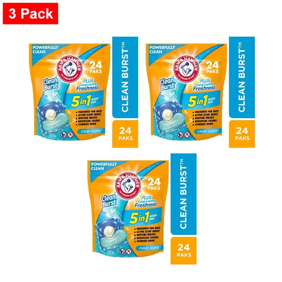 ARM & HAMMER Clean Burst Laundry Detergent 5-in-1 Power Packs 24 ct - 3 Pack