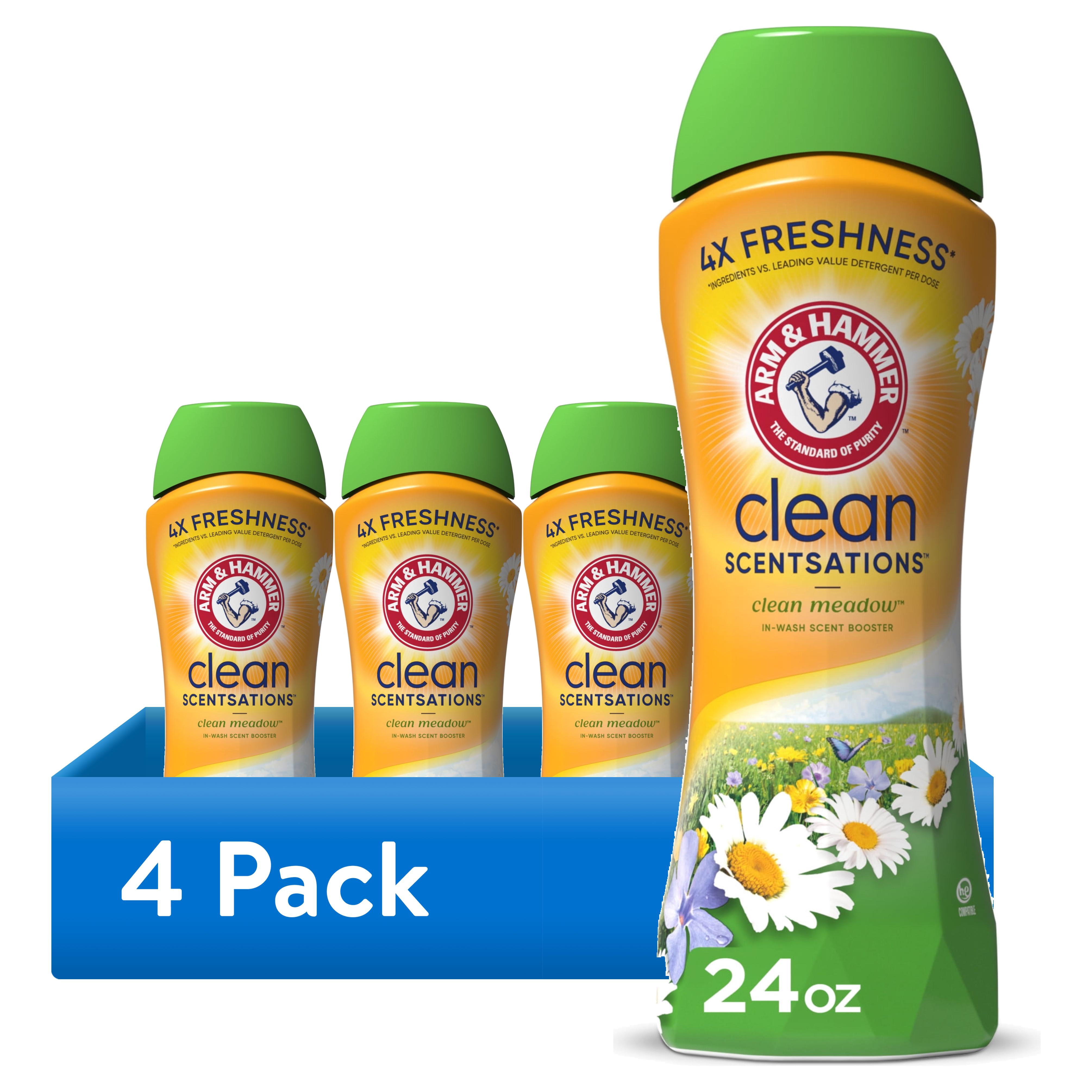 (4 pack) ARM & HAMMER Clean Scentsations Scent Booster, Laundry Beads Alternative, Clean Meadow scent, 24 Oz