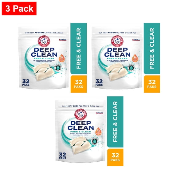 ARM & HAMMER Deep Clean Free & Clear Laundry Detergent Power Paks 32 ct - 3 Pack