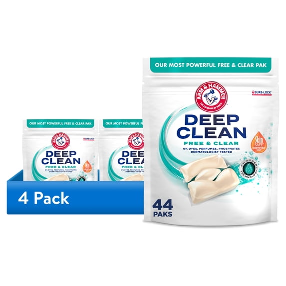 (4 pack) ARM & HAMMER Deep Clean Free & Clear Power Paks Concentrated Laundry Detergent, 44 Count