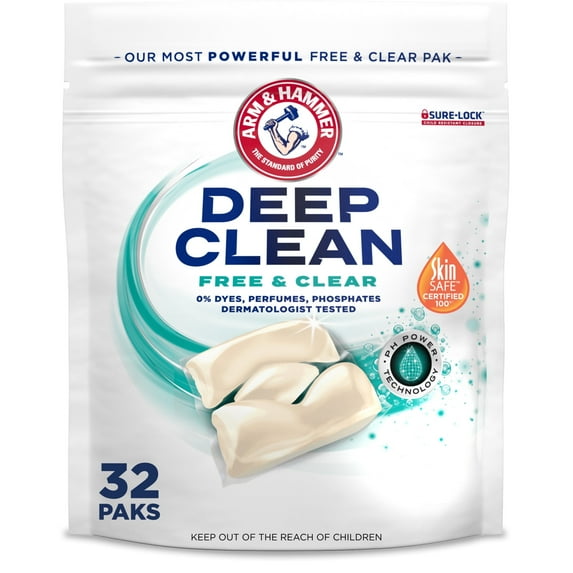ARM & HAMMER Deep Clean Free & Clear Power Paks Concentrated Laundry Detergent, Free of Dyes, Perfumes and Phosphates, Dermatologist Tested, 32 Count