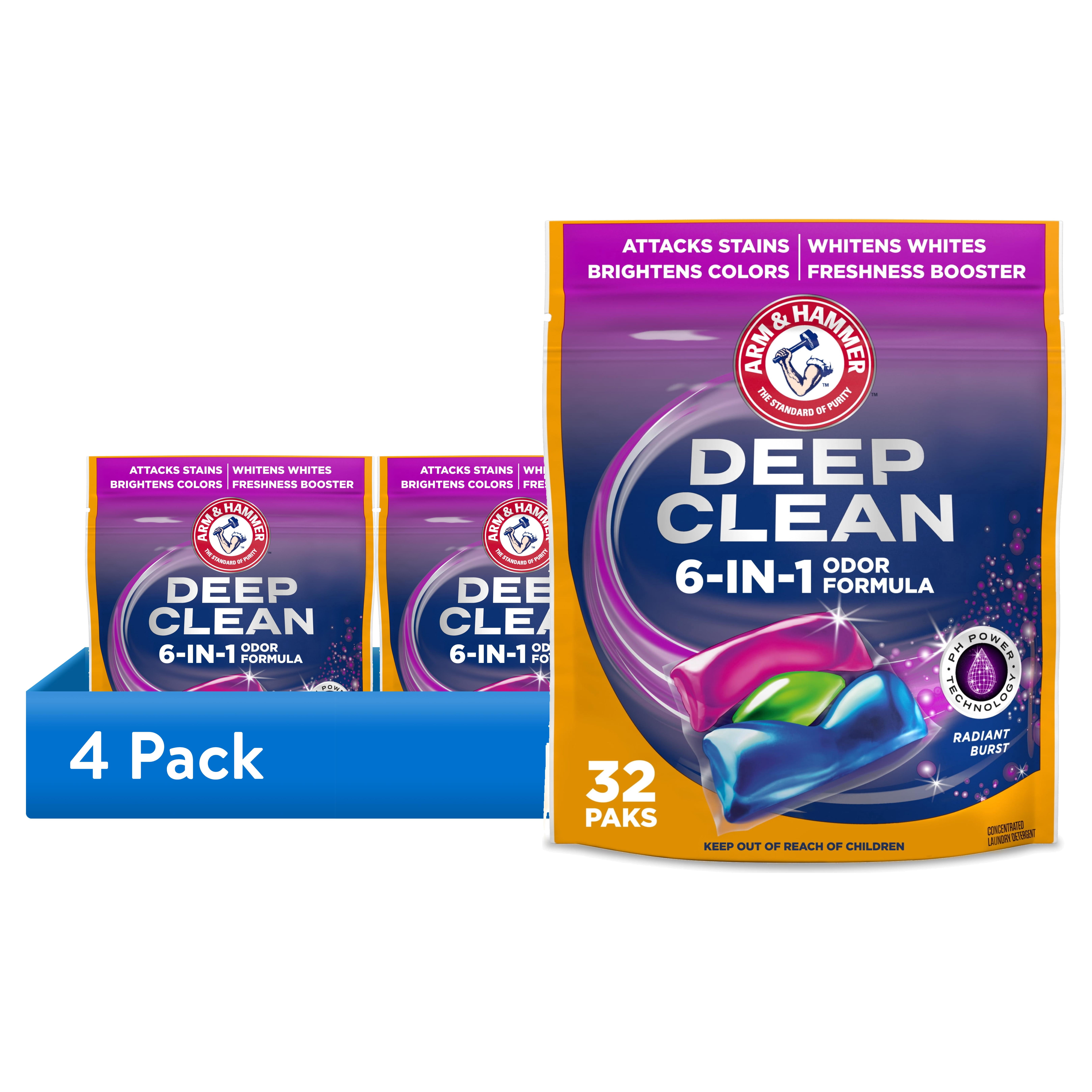 (4 pack) ARM & HAMMER Deep Clean Odor Formula Detergent Power Paks, Radiant Burst, 32 Count
