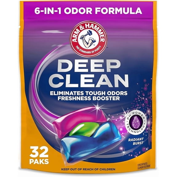 ARM & HAMMER Deep Clean Odor Formula Laundry Detergent Power Paks, Radiant Burst Scent, 32 Count, 32 Loads