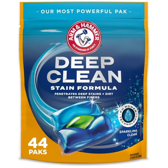 ARM & HAMMER Deep Clean Stain Formula Laundry Detergent Power Paks, Laundry Stain Remover, Sparkling Clean Scent, 44 Count, 44 Loads