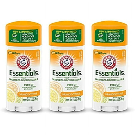 ARM & HAMMER Essentials Deodorant- Orange Citrus- Solid Oval - Made with Natural Deodorizers- Free From Aluminum, Parabens & Phthalates, 2.5 oz (Pack of 3)