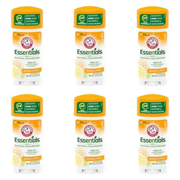 ARM & HAMMER Essentials Deodorant- Orange Citrus- Solid Oval- Made with Natural Deodorizers- 2.5 oz (Pack of 6)