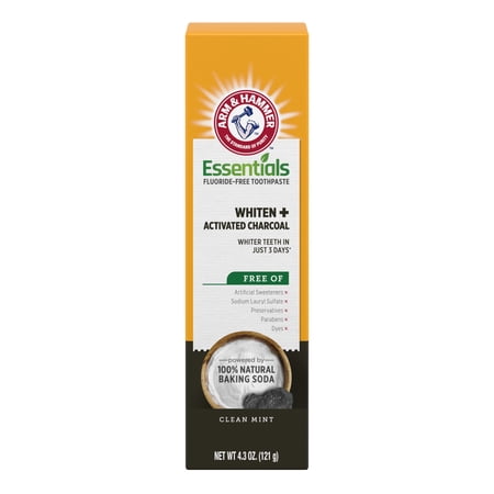ARM & HAMMER Essentials Fluoride-Free Toothpaste Whiten + Activated Charcoal-One 4.3oz Tube, Clean Mint- 100% Natural Baking Soda