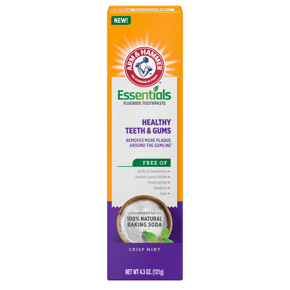 ARM & HAMMER Essentials Healthy Teeth & Gums Fluoride Toothpaste-One 4.3oz Tube, Crisp Mint- 100% Natural Baking Soda- Fluoride Toothpaste