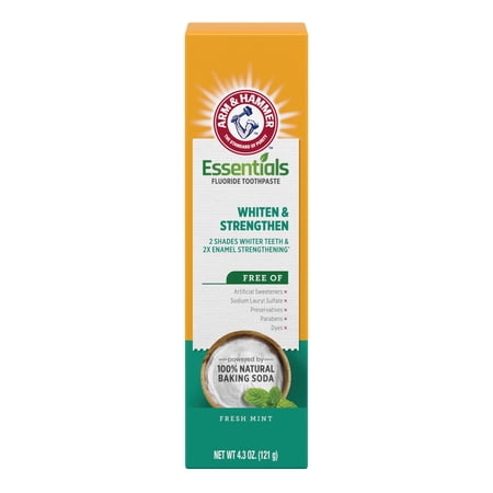 ARM & HAMMER Essentials Whiten & Strengthen Fluoride Toothpaste-One 4.3oz Tube, Fresh Mint- 100% Natural Baking Soda- Fluoride Toothpaste