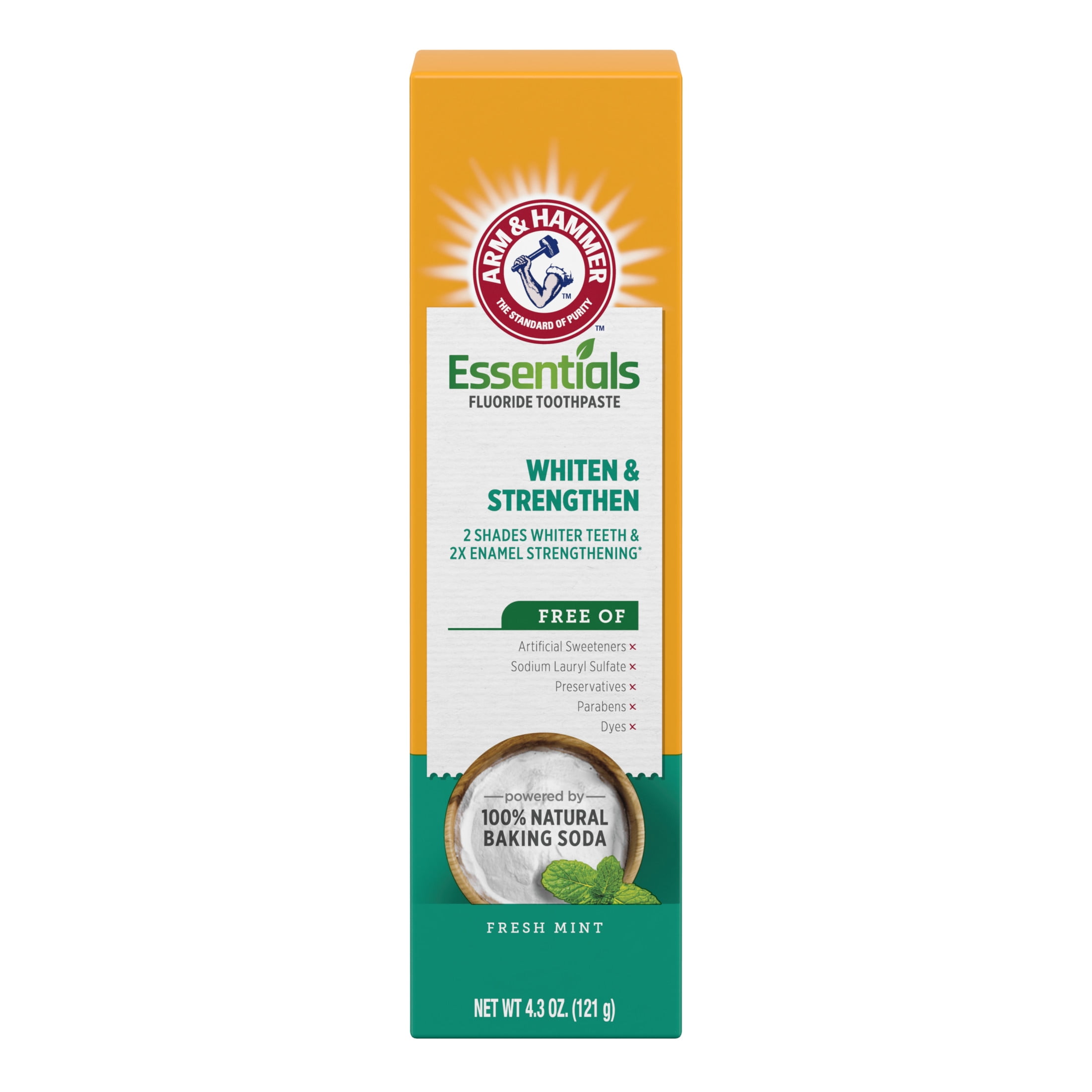 ARM & HAMMER Essentials Whiten & Strengthen Fluoride Toothpaste-One 4.3oz Tube, Fresh Mint- 100% Natural Baking Soda- Fluoride Toothpaste