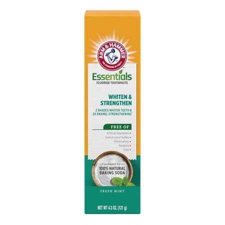 ARM & HAMMER Essentials Whiten & Strengthen Fluoride Toothpaste-One 4.3oz Tube, Fresh Mint- 100% Natural Baking Soda- Fluoride Toothpaste