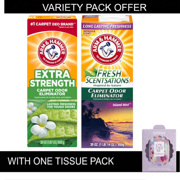 ARM & HAMMER Fresh Scentsations Carpet Odor Eliminator Powder, Island Mist, 30 oz | ARM & HAMMER Extra Strength Carpet Odor Eliminator Powder, Fresh Scent, 30 oz