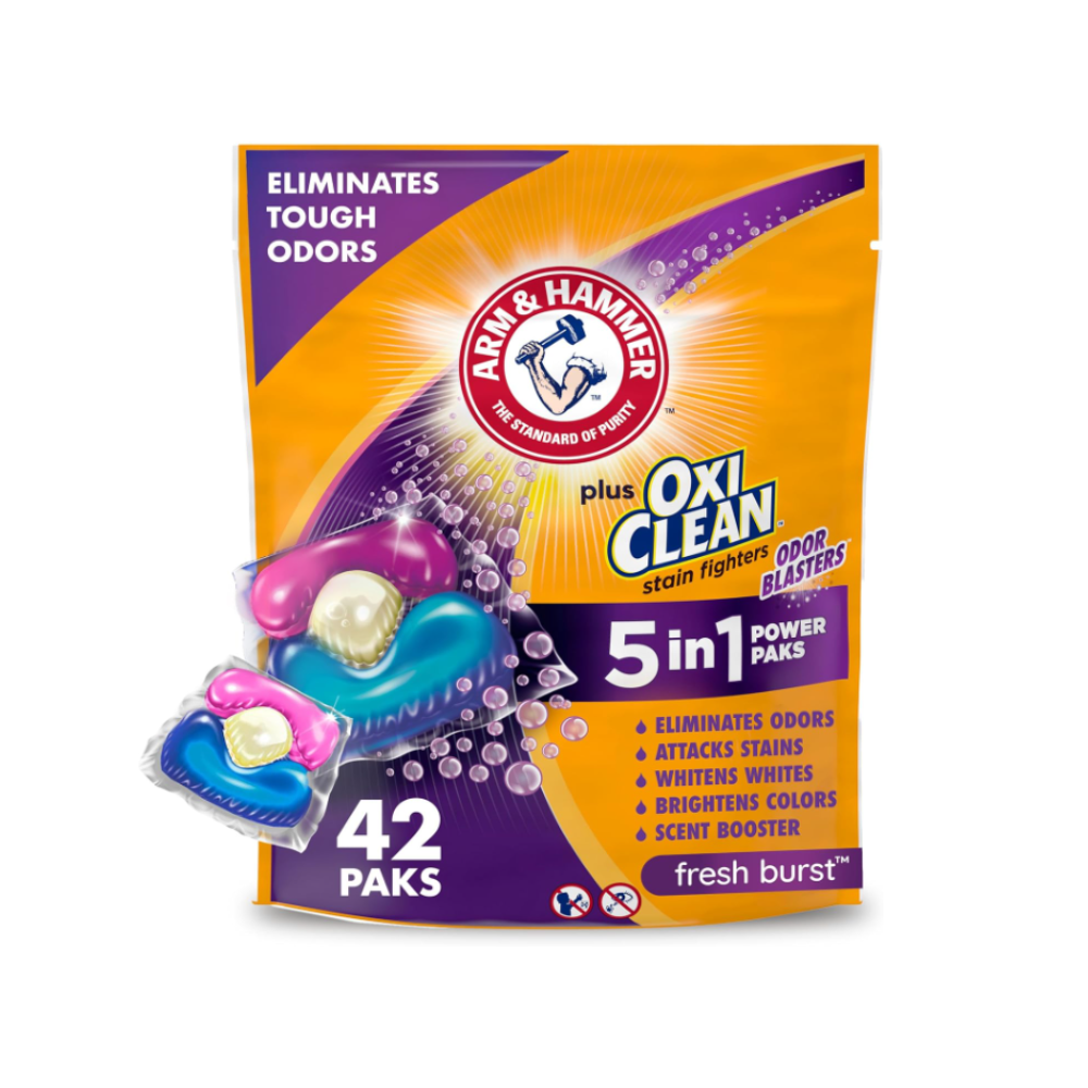 ARM & HAMMER Plus OxiClean with Odor Blasters Concentrated Laundry Detergent, 5-in-1 Laundry Stain Remover, Fresh Burst Detergent Power Paks, 42 Count Bag-Quitamanchas para ropa