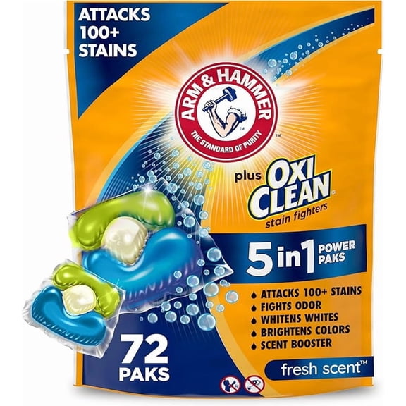 ARM & HAMMER Plus OxiClean Stain Fighters: 5-in-1 Laundry Detergent Power Paks, Fresh Scent, 72 Count