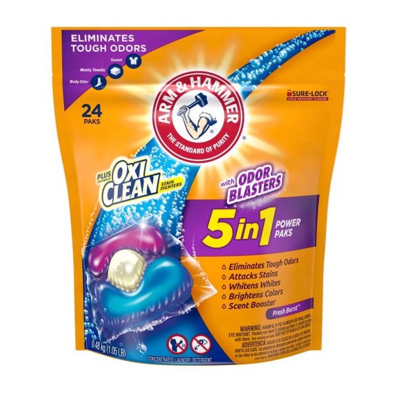 ARM & HAMMER Plus OxiClean Stain Removers with Odor Blasters 5-in-1 Laundry Detergent Power 24 Paks
