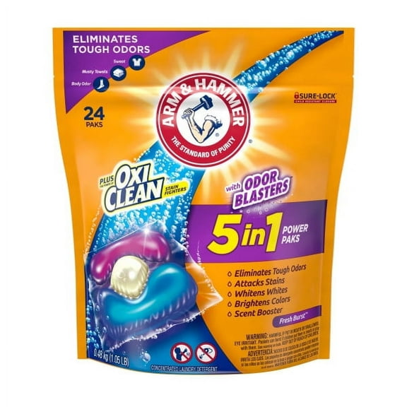 ARM & HAMMER Plus OxiClean With Odor Blasters LAUNDRY DETERGENT 5-IN-1 Power Paks, 24CT, Pack of ONE