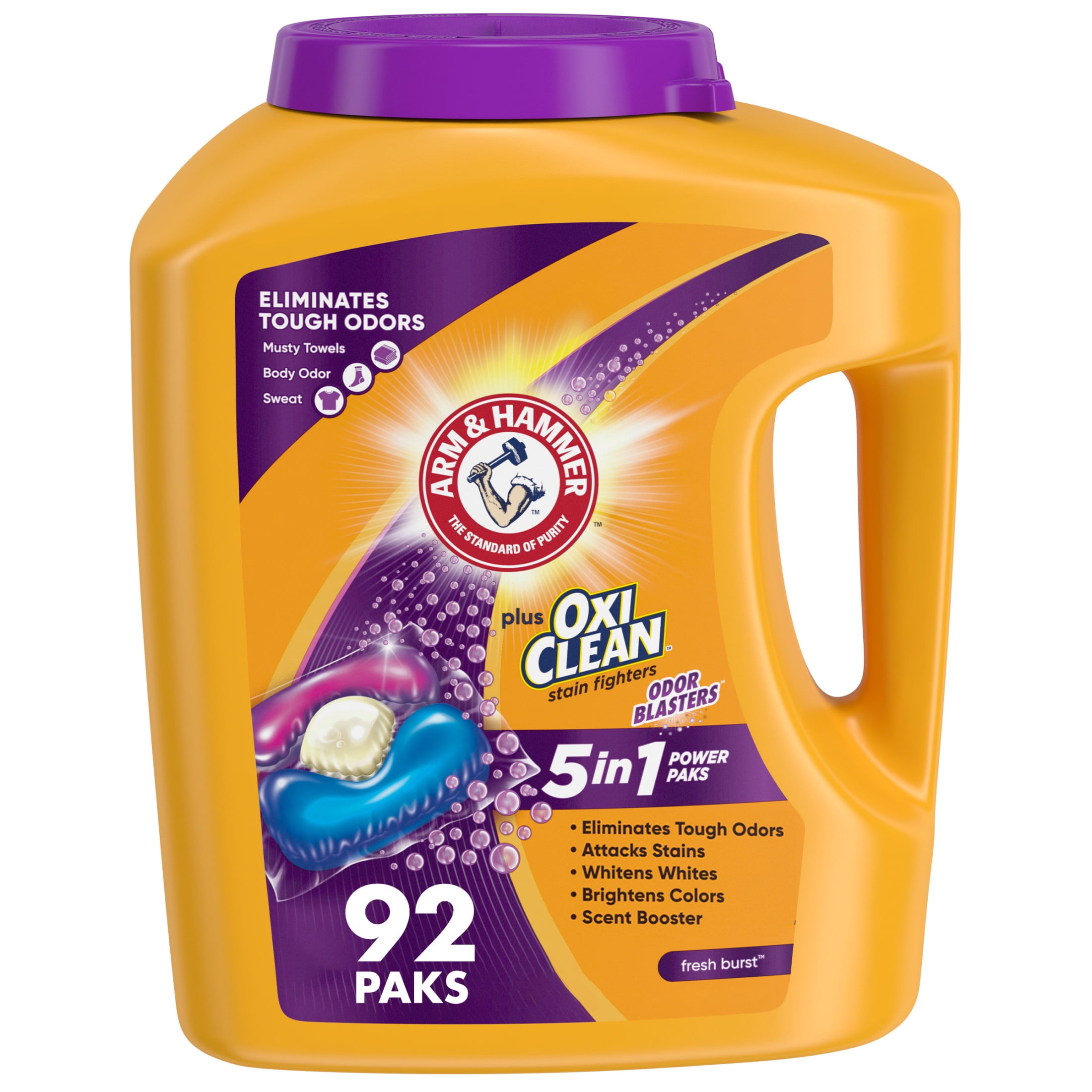 ARM & HAMMER Plus OxiClean with Odor Blasters 5-in-1 Laundry Detergent Power Paks, 92 Count