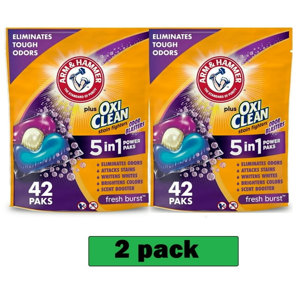 2 pack ARM & HAMMER Plus OxiClean Odor Blasters 5-in-1 Laundry Detergent Power Paks, Fresh Burst, 42 Ct