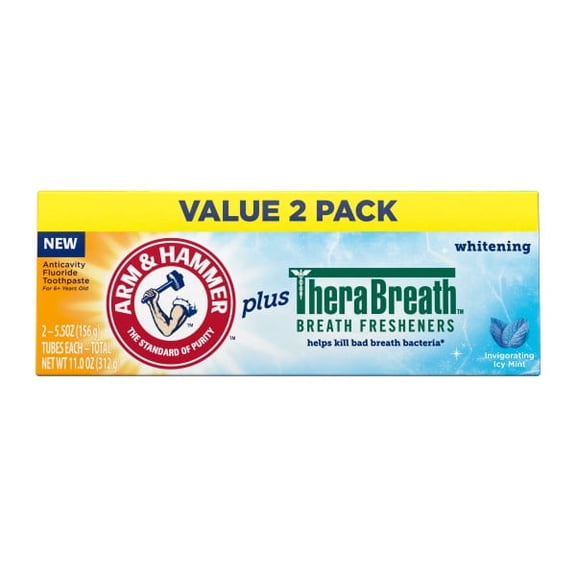 Arm & Hammer Plus TheraBreath Whitening Anticavity Fluoride Toothpaste Invigorating Icy Mint Twin Pack 5.5 oz Each