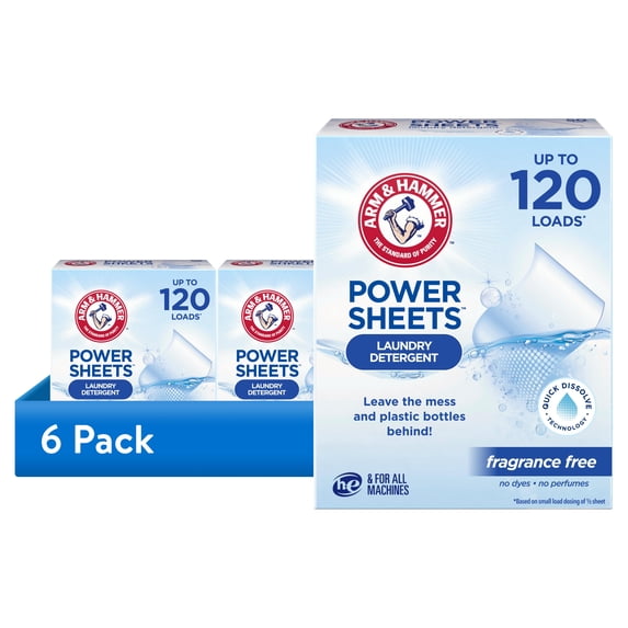 (6 pack) ARM & HAMMER Power Sheets Laundry Detergent, Fragrance Free, 60 Count, Up to 120 Small Loads