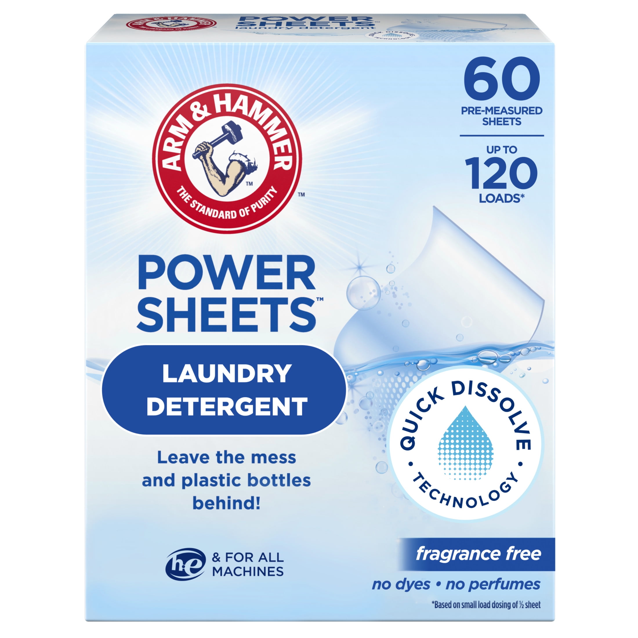 ARM & HAMMER Power Sheets Laundry Detergent, Fragrance Free  60 ct, up to 120 small loads