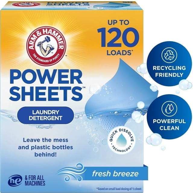 ARM & HAMMER Power Sheets Laundry Detergent, Fresh Breeze 60 ct, up to 120 small loads (2 Pack)
