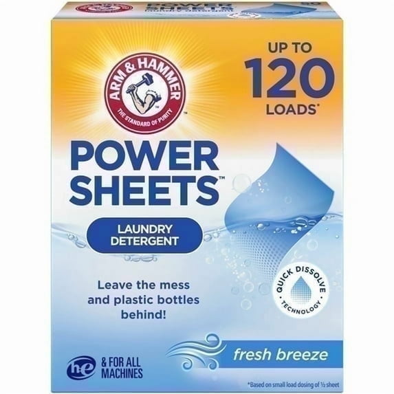 ARM & HAMMER Power Sheets Laundry Detergent, Fresh Breeze 60 Count, up to 120 small loads (4 Pack)