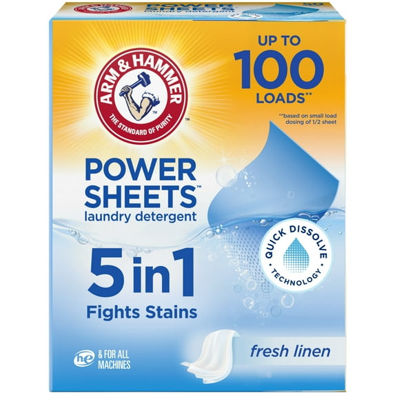ARM & HAMMER Power Sheets Laundry Detergent Sheets, Fresh Linen, 50 Count, up to 100 Loads