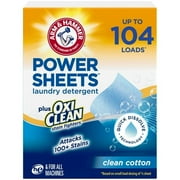ARM & HAMMER Power Sheets Plus OxiClean Stain Fighters Laundry Detergent, Clean Cotton, 104 Count