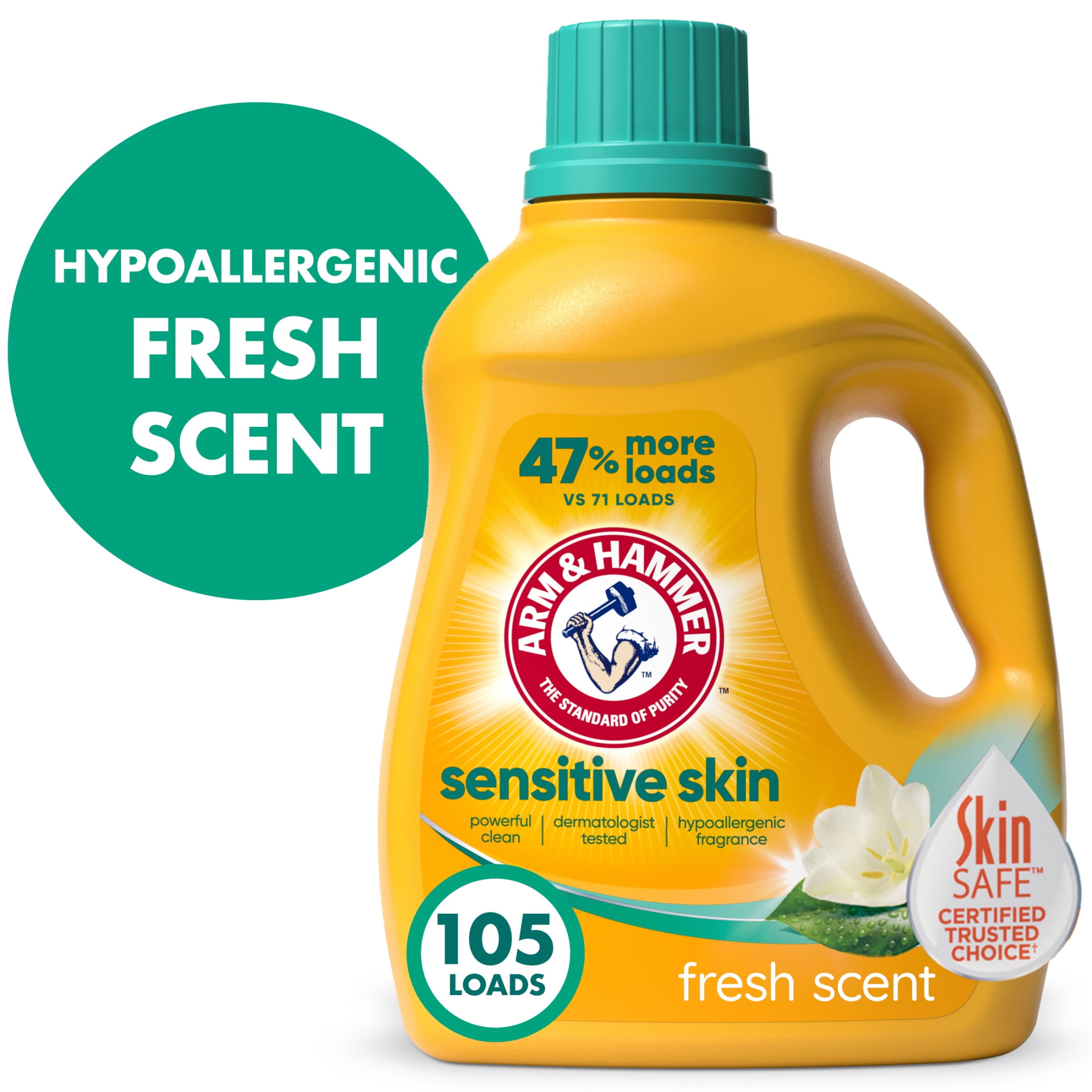 ARM & HAMMER Sensitive Skin Liquid Laundry Detergent Soap, Fresh Scent, 105 fl oz, 105 Loads