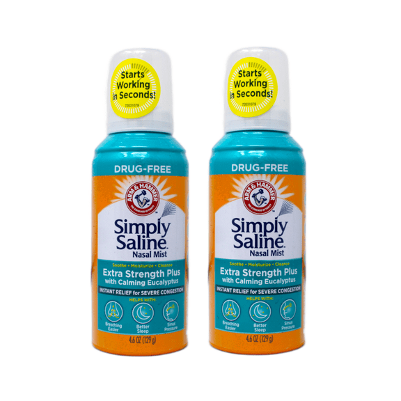 ARM & HAMMER Simply Saline Extra Strength Plus Eucalyptus Nasal Mist for Severe Congestion, Drug-Free Saline Spray, 4.6 oz Pack of 2