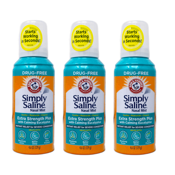 ARM & HAMMER Simply Saline Extra Strength Plus Eucalyptus Nasal Mist for Severe Congestion, Drug-Free Saline Spray, 4.6 oz Pack of 3