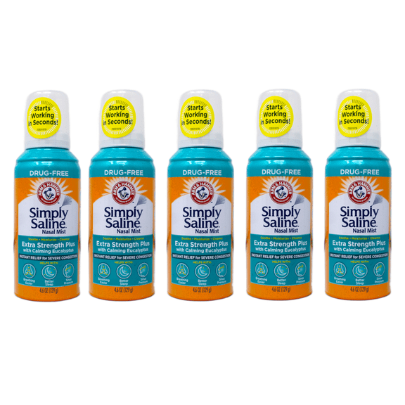 ARM & HAMMER Simply Saline Extra Strength Plus Eucalyptus Nasal Mist for Severe Congestion, Drug-Free Saline Spray, 4.6 oz Pack of 5