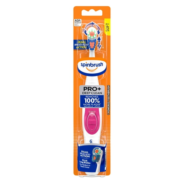 ARM & HAMMER Spinbrush PRO+ Deep Clean Battery-Operated Toothbrush – Spinbrush Battery Powered Toothbrush Removes 100% More Plaque- Soft Bristles -Batteries Included