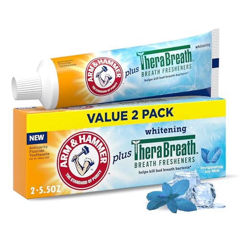 ARM \u0026 HAMMER Toothpaste Plus TheraBreath Breath Fresheners, Invigorating ICY Mint Flavor, Whitening Anticavity Fluoride Toothpaste for Bad Breath, 5.5 Oz (Pack of 2)