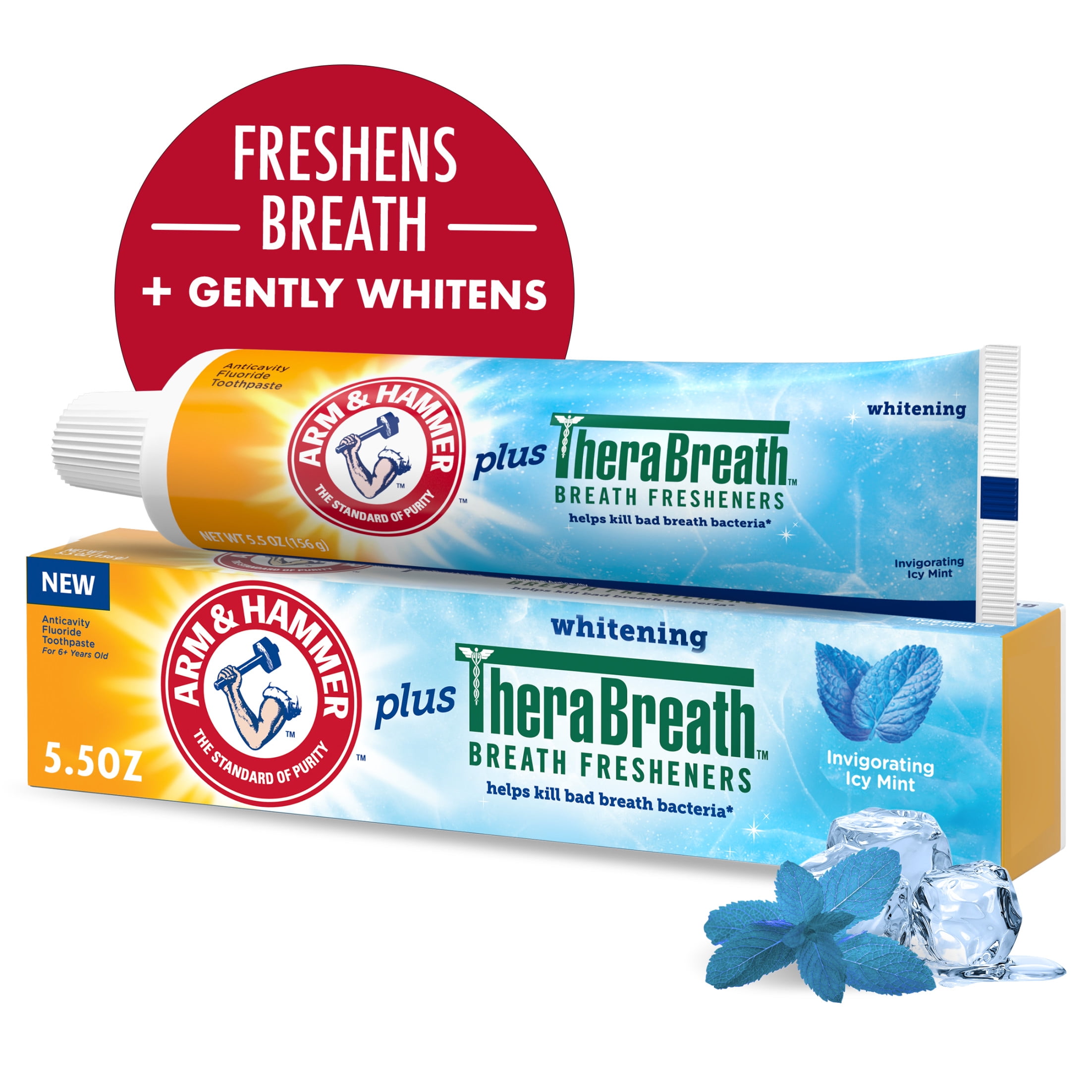 ARM & HAMMER Whitening Toothpaste with Therabreath Breath Fresheners, Icy Mint, 5.5 oz