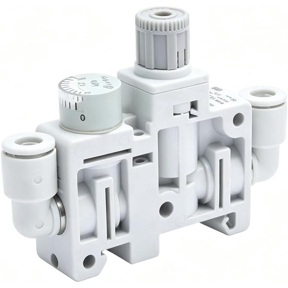 ARM5SA-18-A Pneumatic Pressure Regulator, 4 mm Push-in 90° Elbow Pipe Fitting, 0.05-0.7MPa Adjustable Range with Gauge, Compact Air Pressure Reducing Valve for Industrial Pneumatic Systems
