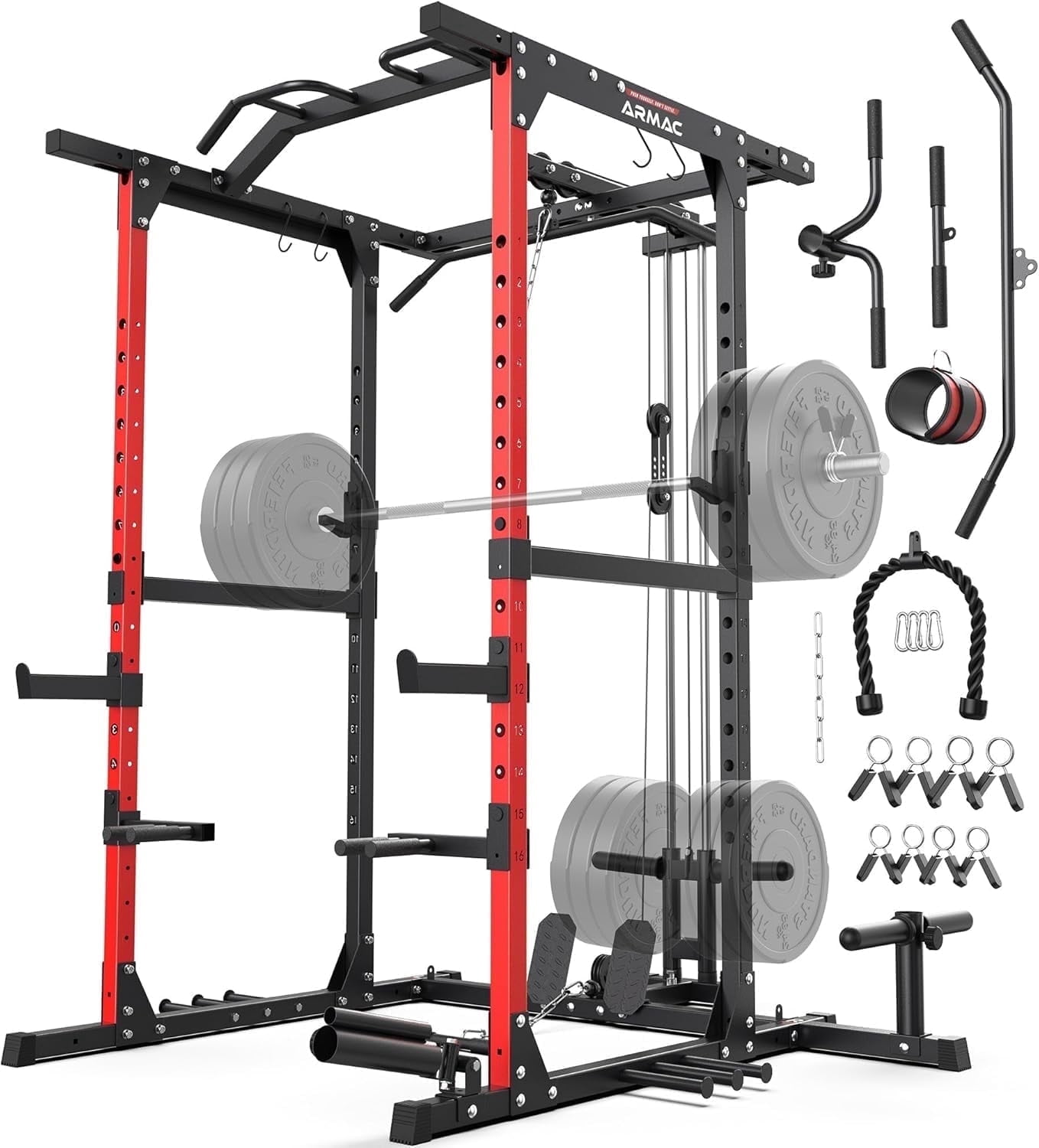 UPGO Power Cage,1500lbs Multi-Function Power Rack with Adjustable Cable Crossover System and More Training Attachment (red)