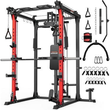 UPGO Smit Machine, 2000LBS Dual Pulley Functional Power Cage, Squat Rack with Cable Crossover System, Home Gym Trainer, Pull-Up Bar, Spotter Arms, Home Gym Equipment