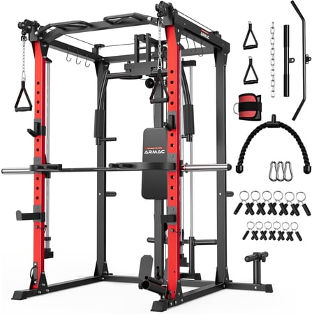 UPGO Smit Machine, 2000LBS Dual Pulley Functional Power Cage, Squat Rack with Cable Crossover System, Home Gym Trainer, Pull-Up Bar, Spotter Arms, Home Gym Equipment