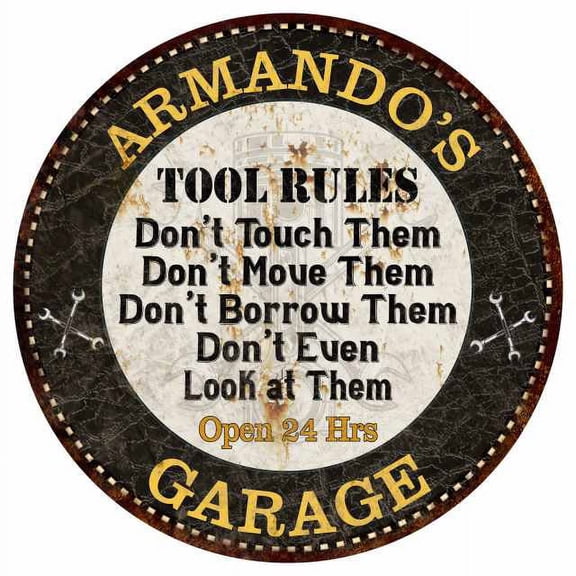 ARMANDO'S Garage Rules 12" Round Metal Sign Garage Bar Wall Décor 200120013372